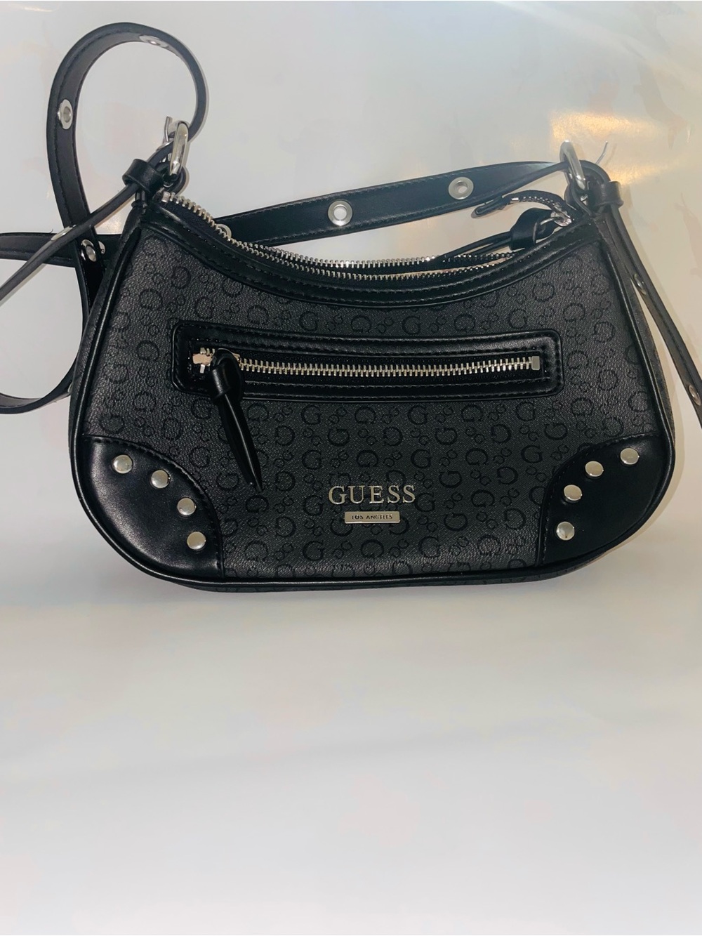 GUESS Black Logo-Print Crossbody with Silver Studs